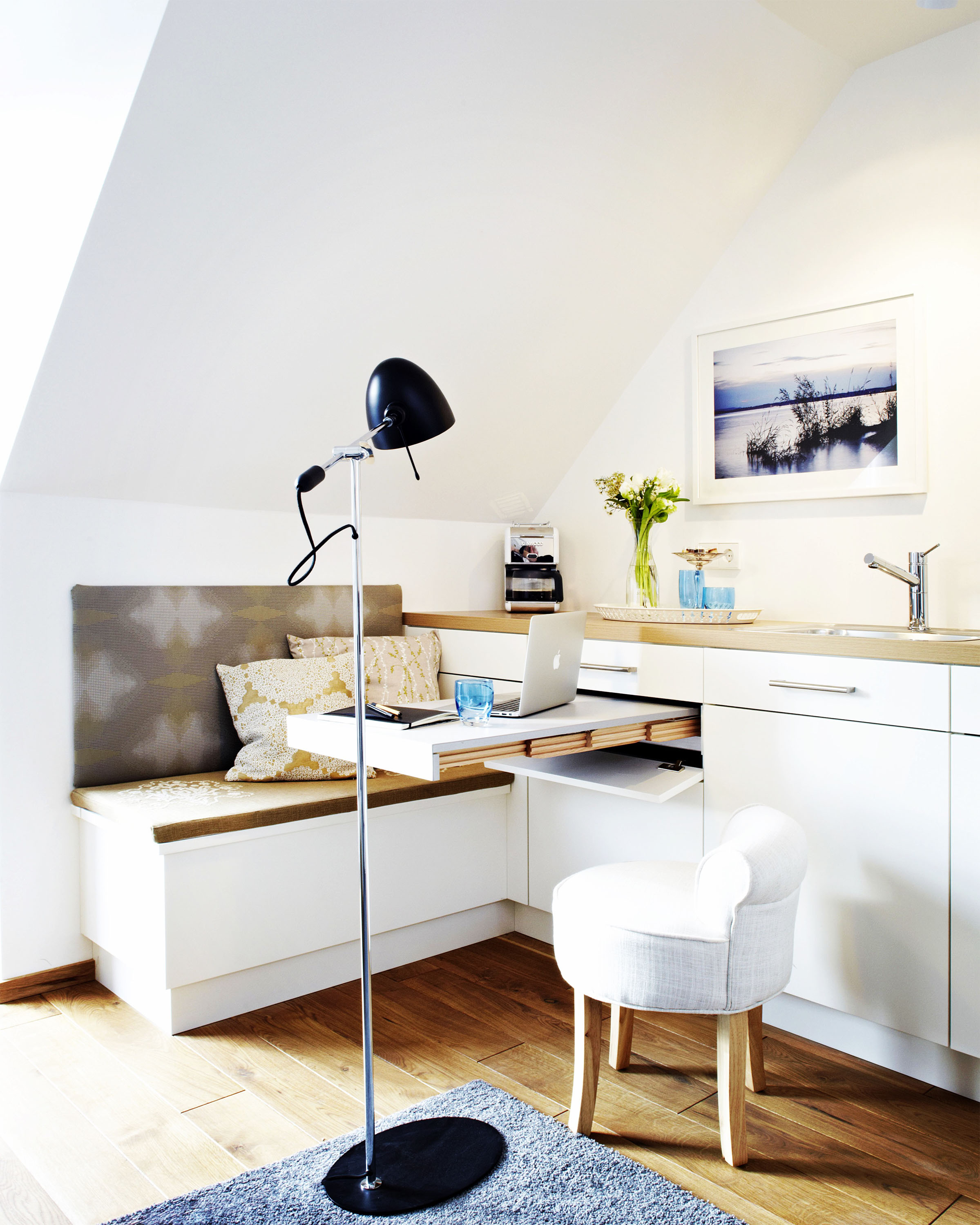 Apartment 1 — pull-out table extended from custom built-in