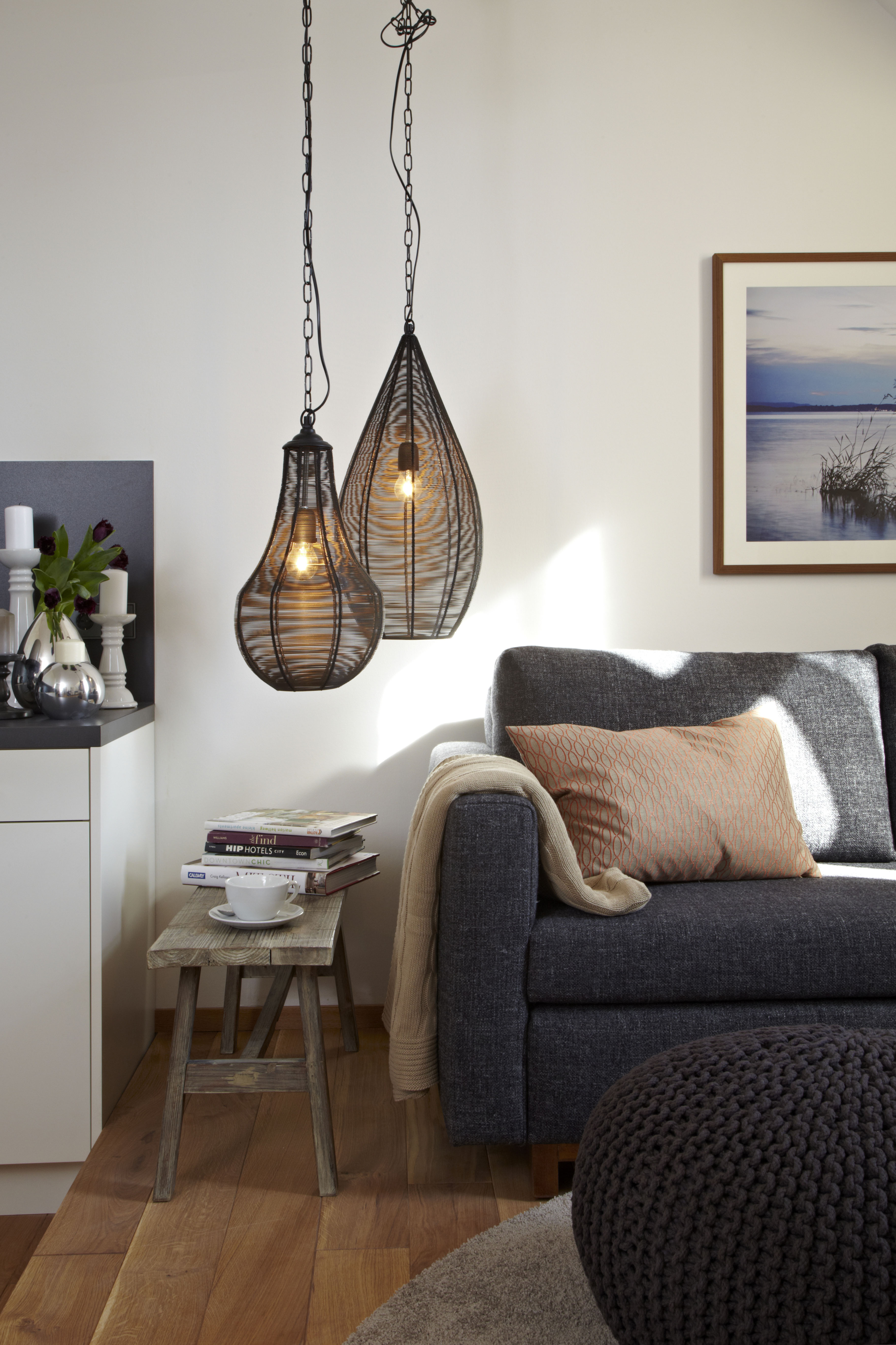 Apartment 4 — living room with wire pendants and lake artwork