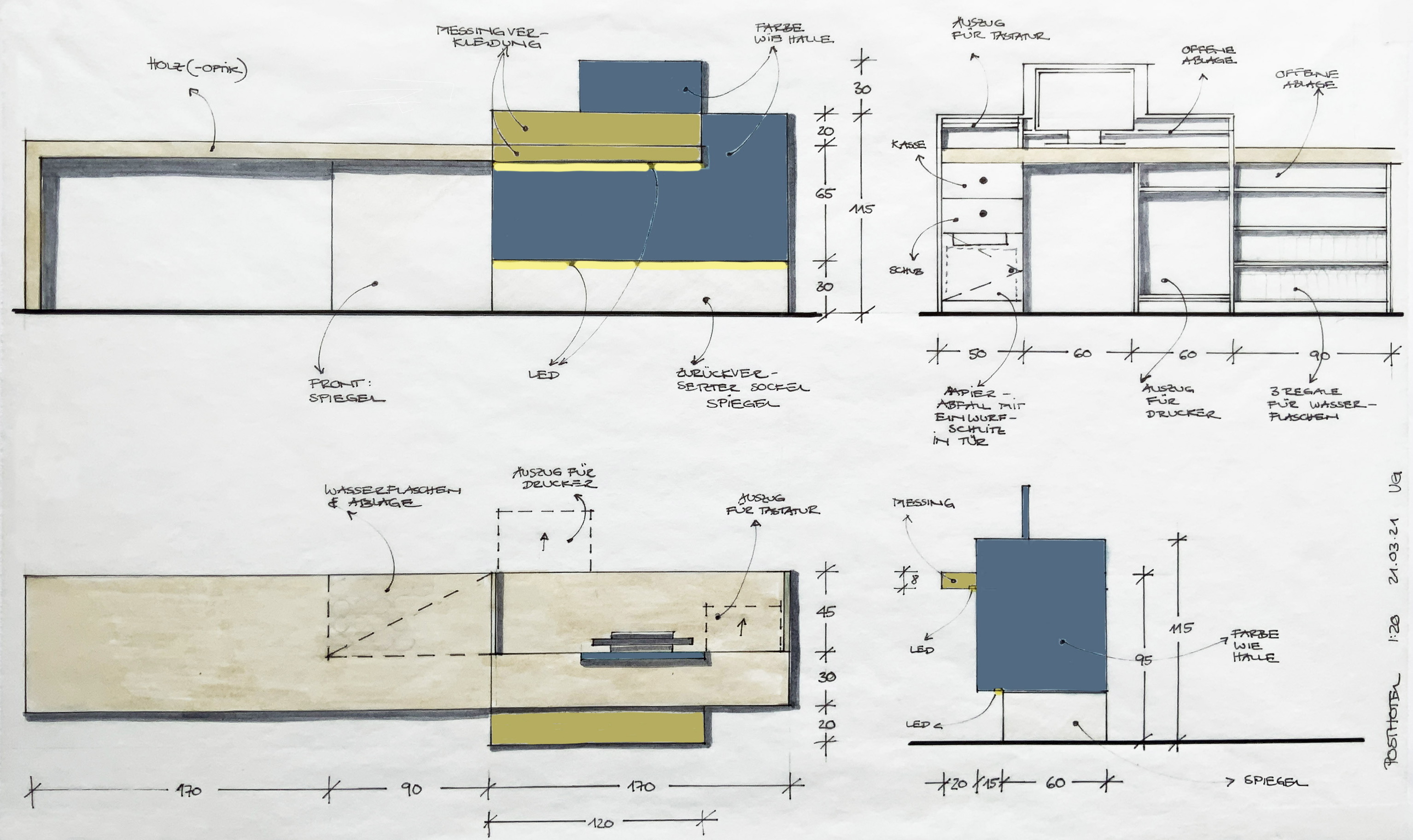 Reception desk design drawing — elevation, plan, and details