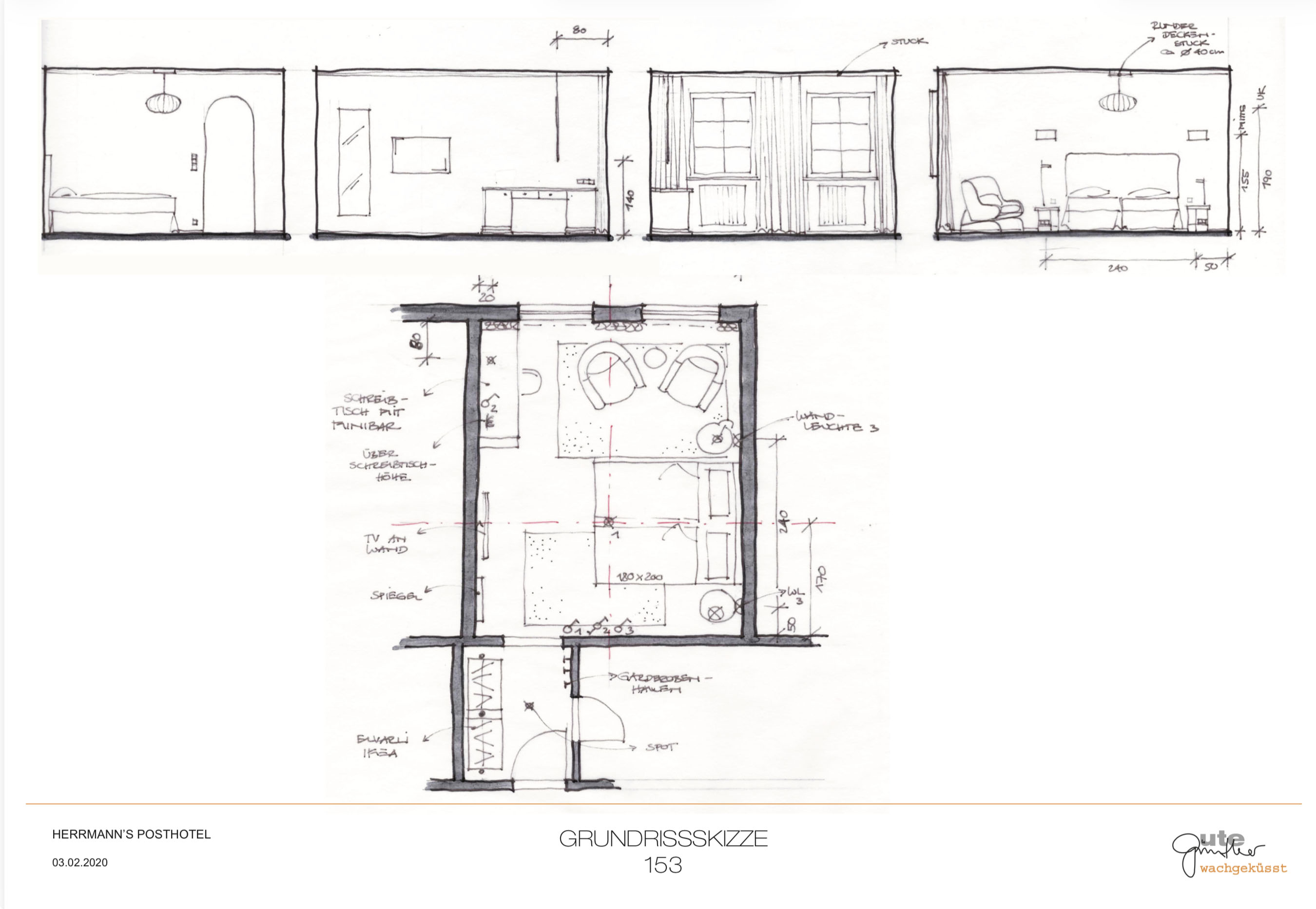 Room 153 — Grundrissskizze with floor plan and wall elevations