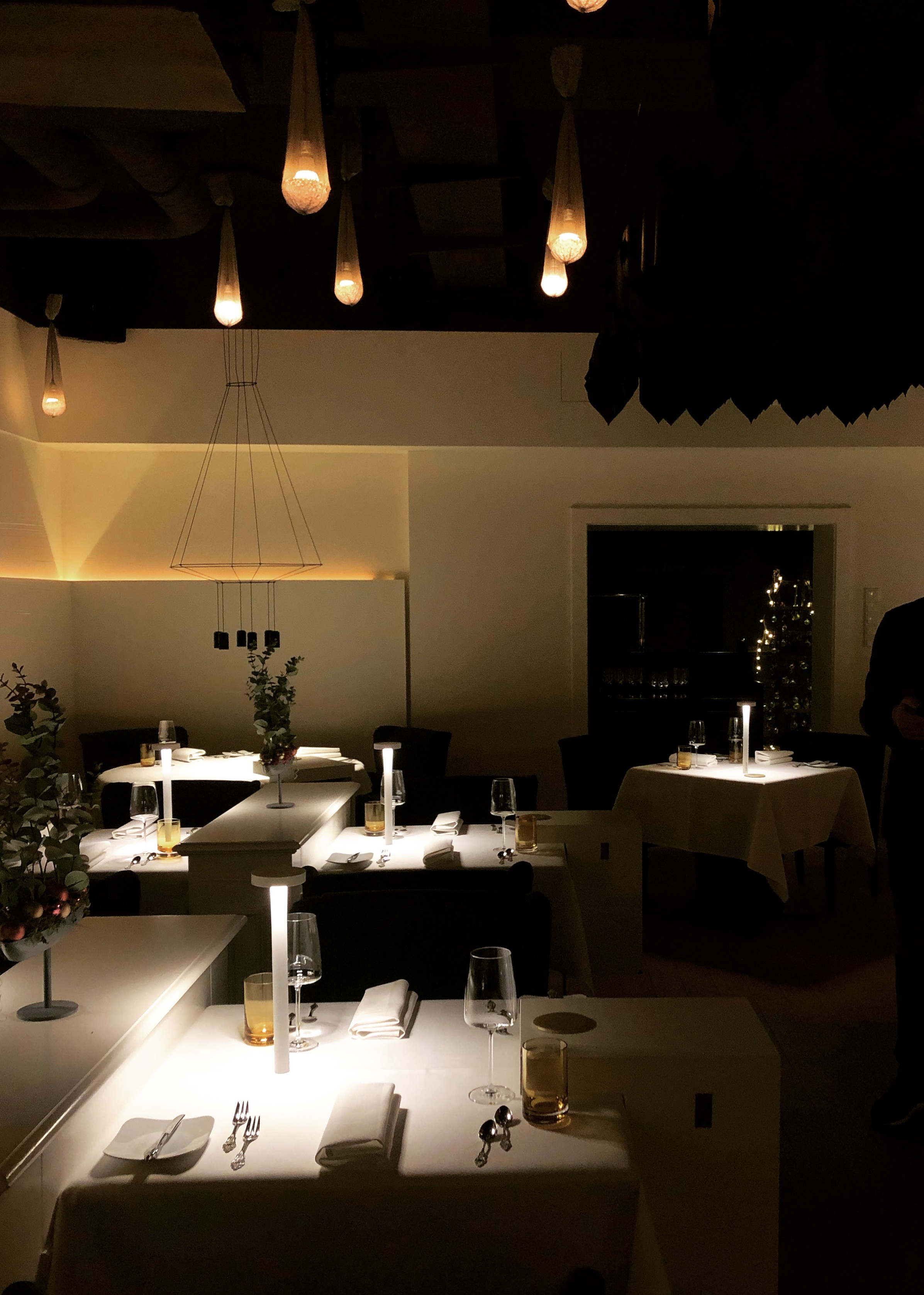 Restaurant after — wide view with table lamps