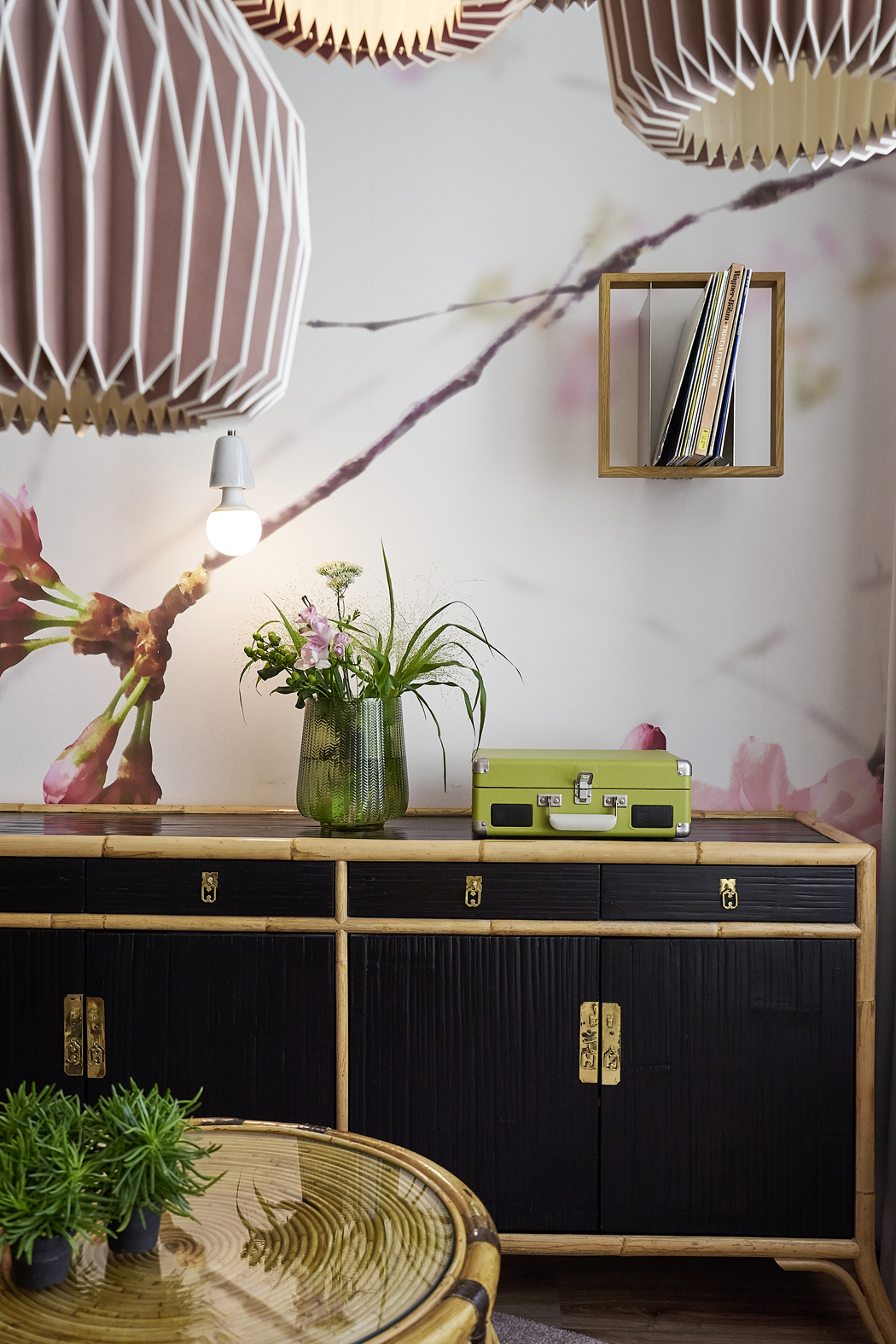 Japan room — credenza detail with vinyl and record player