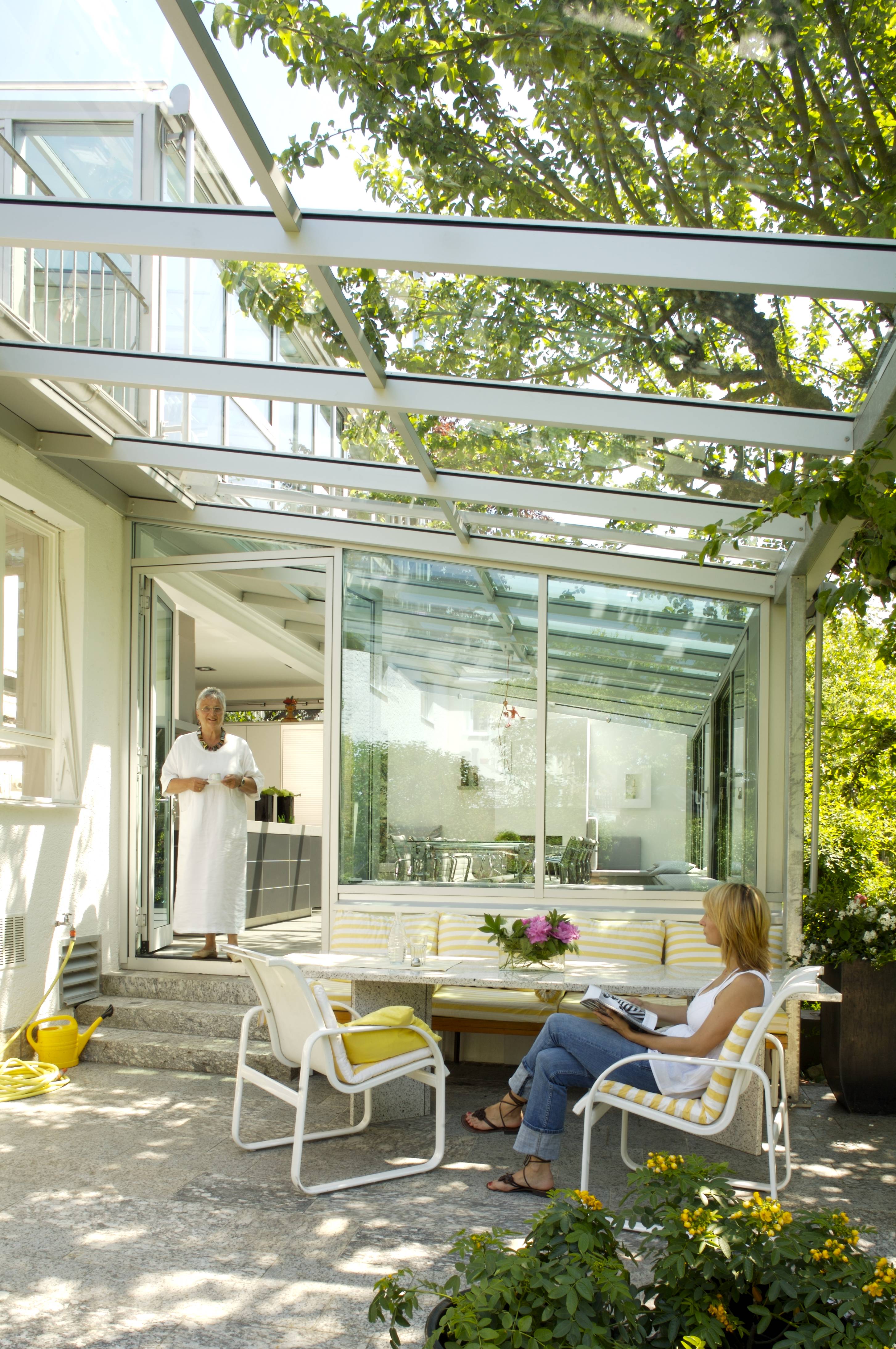 Terrace — glass addition open, mother and daughter, wisteria and glass roof