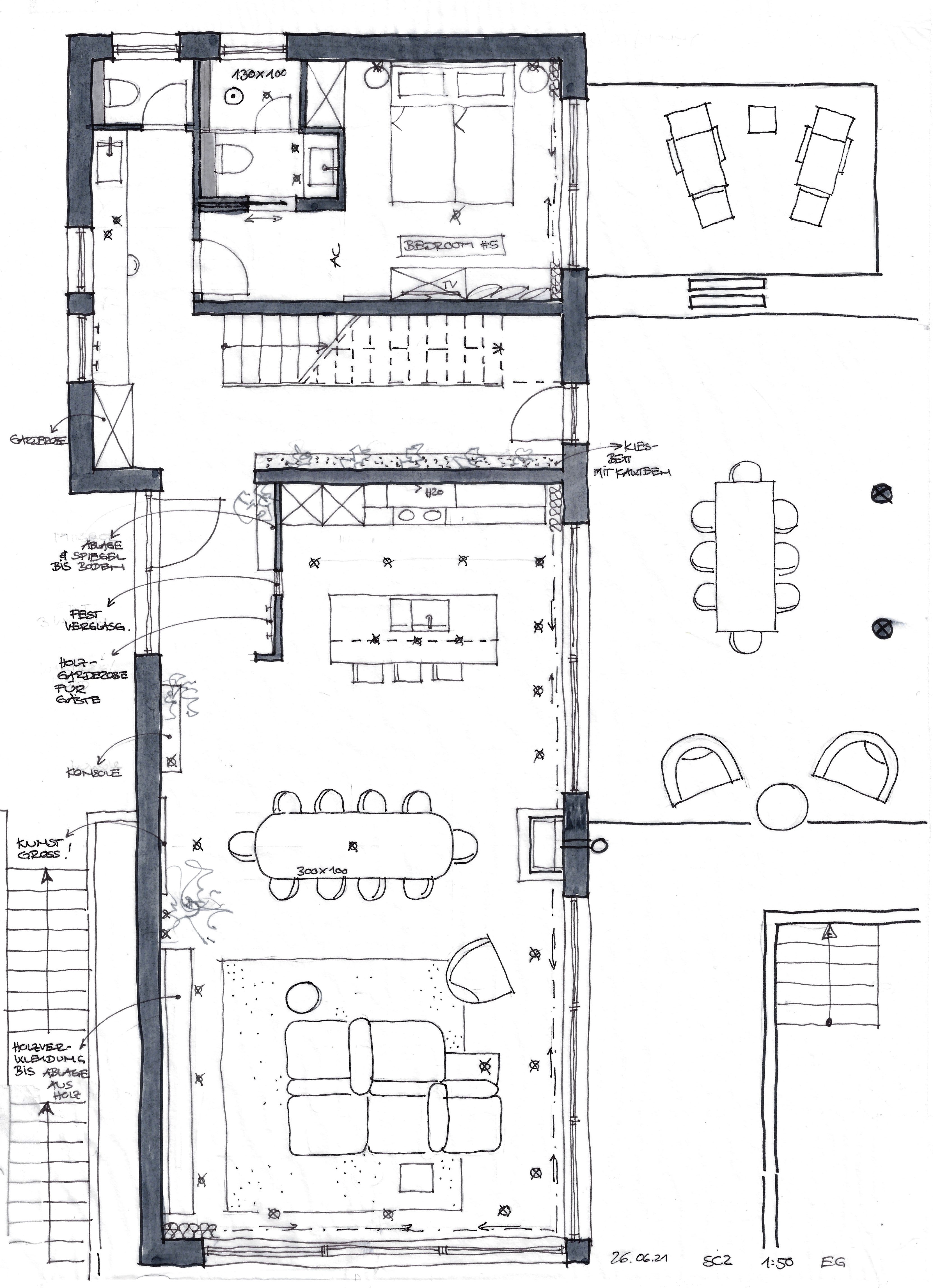 Ground floor layout sketch — living, dining, kitchen, bedroom one