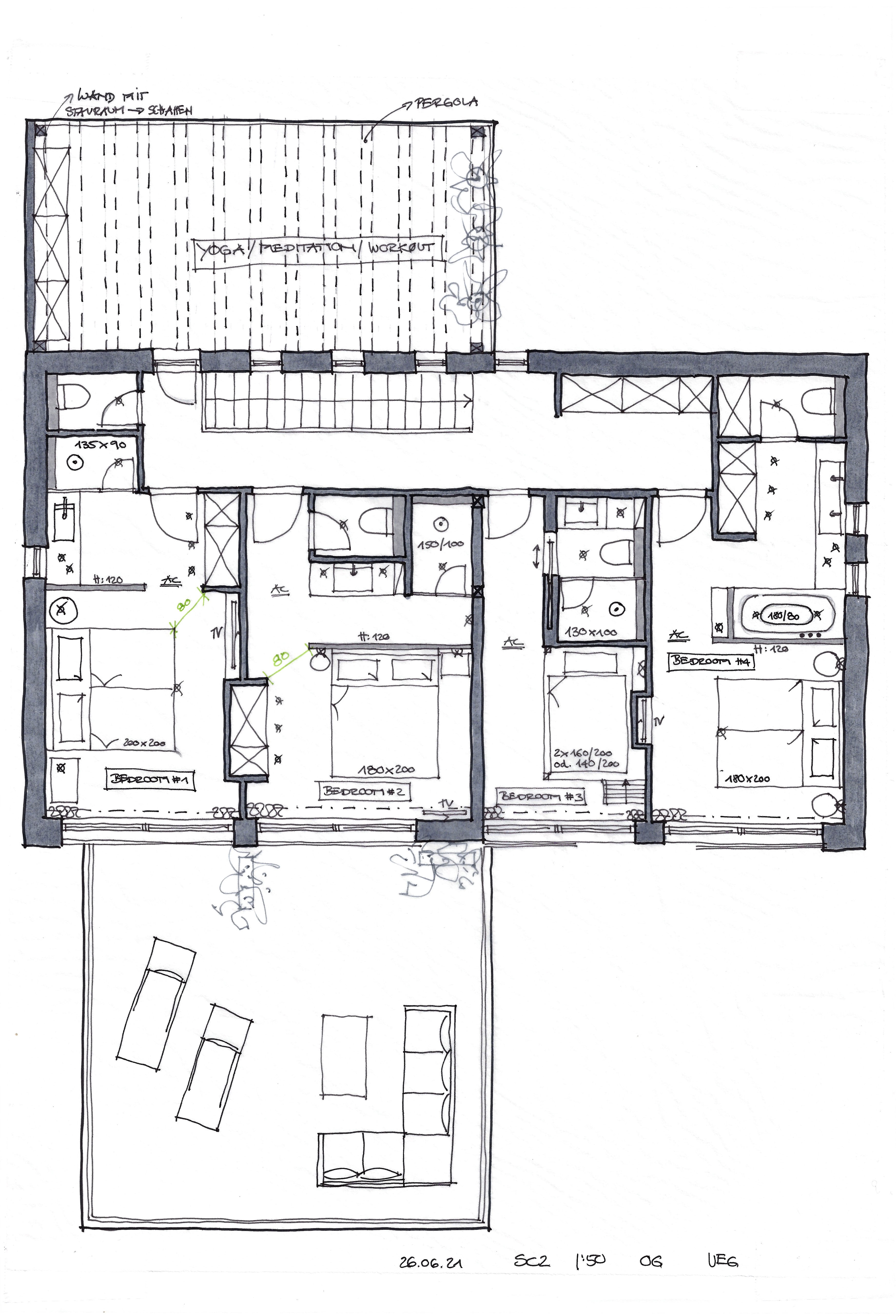 Upper level layout sketch — four bedrooms, walk-in closet