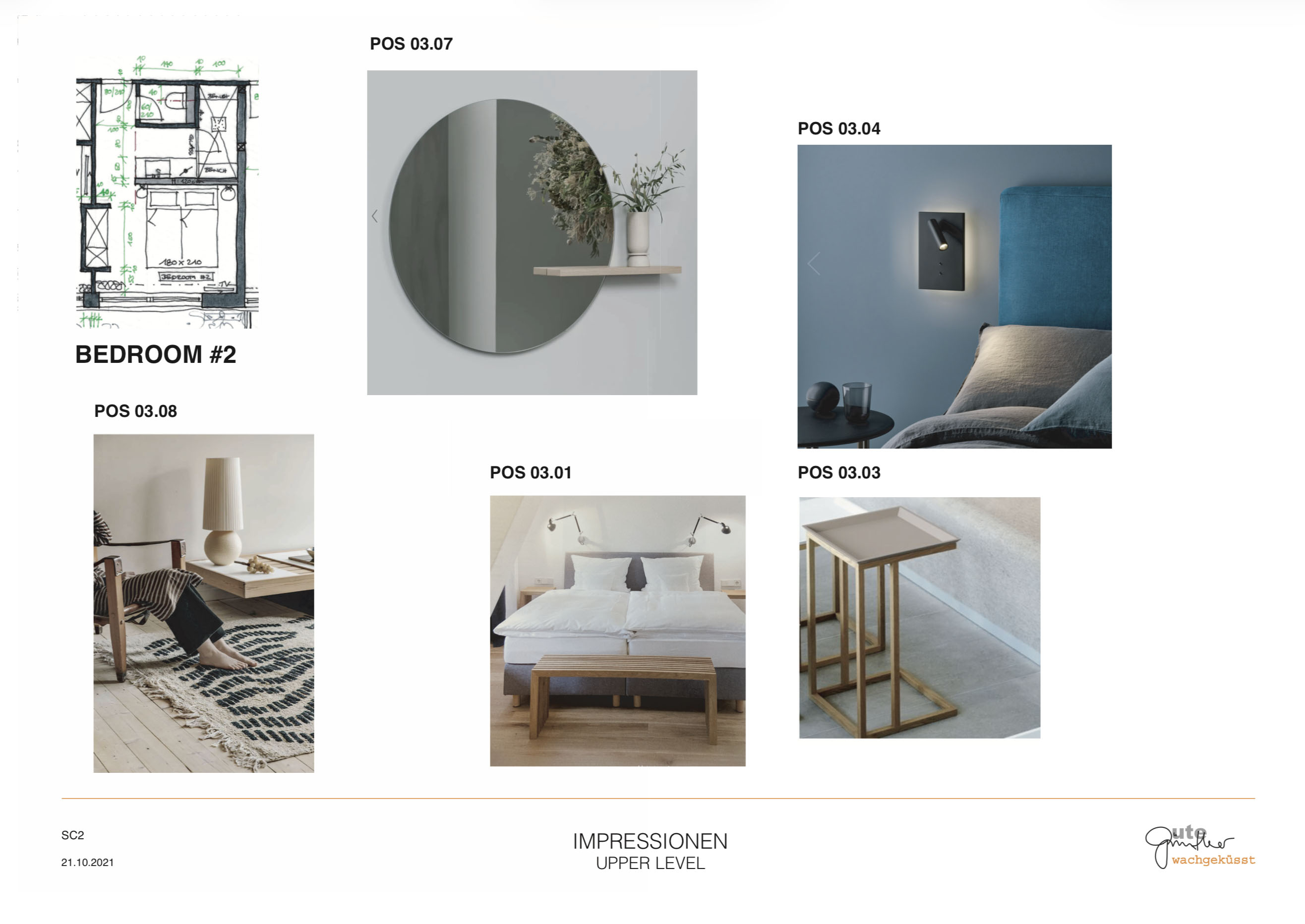 Bedroom presentation sheet — layout sketch, lighting and furniture selections