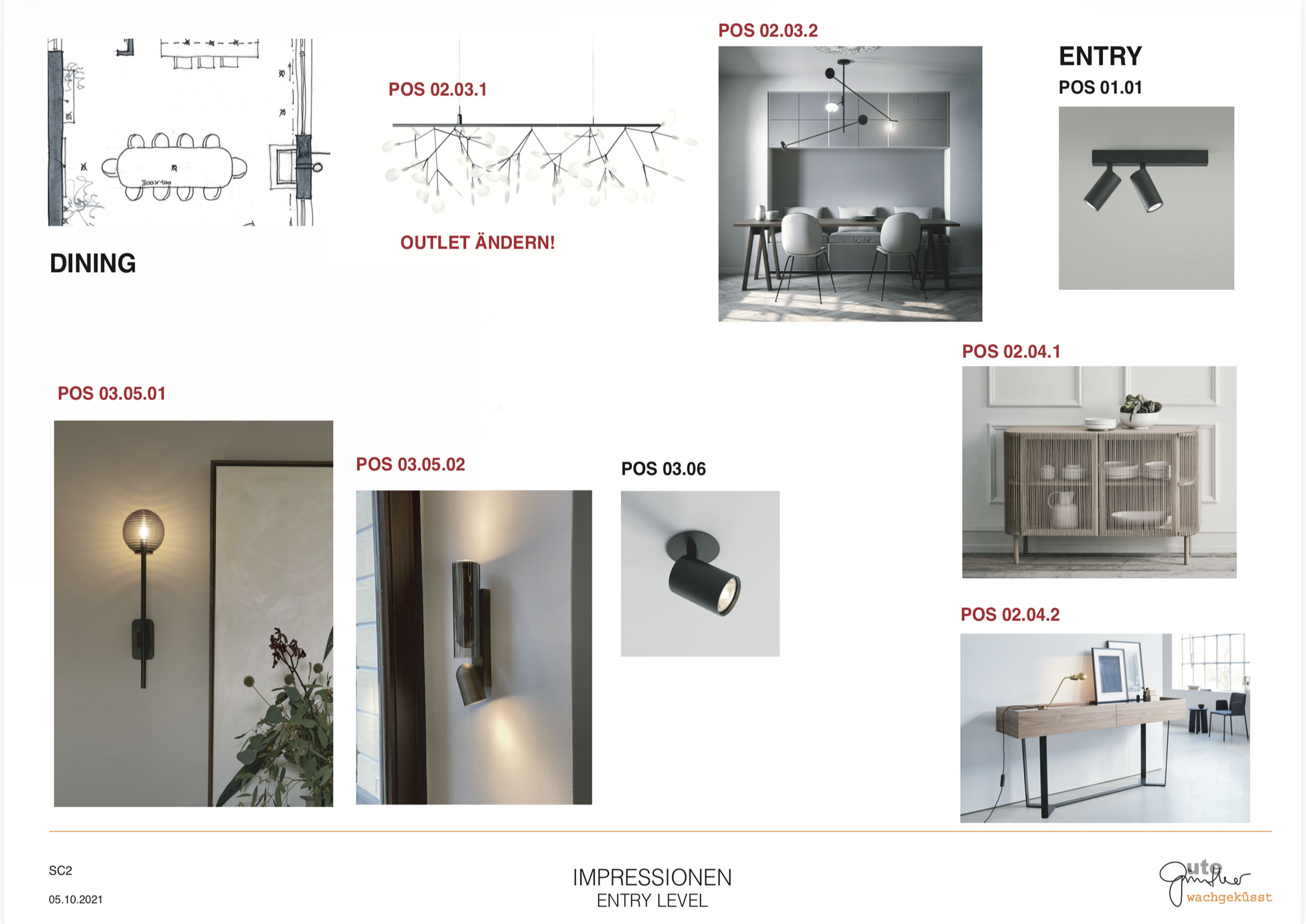 Dining room presentation sheet with floorplan sketch and product selections